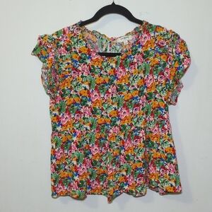 Umgee Colorful Floral Peplum Blouse with Ruffle Sleeves Women's Size L